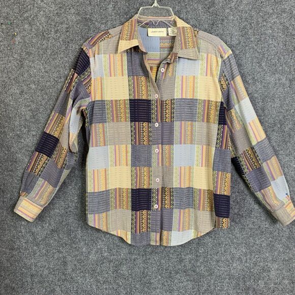 Lemon Grass Button Front Shirt Women S Patchwork Pattern Long Sleeve Cotton - Picture 1 of 12